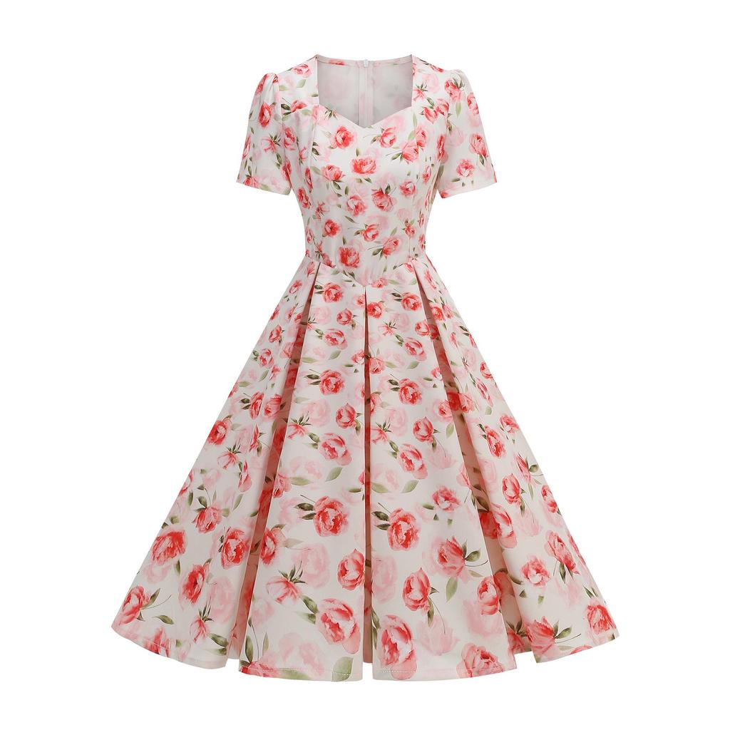 Letnia sukienka z kwadratowym dekoltem i nadrukiem w stylu vintage Hepburn