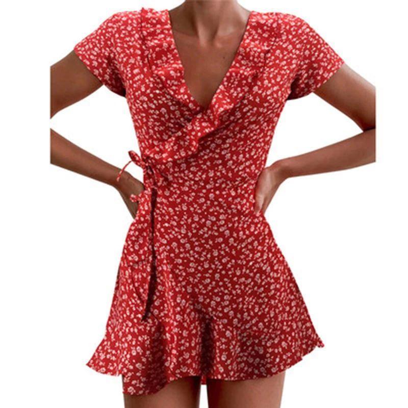 

Ladies Floral Dress Wrapped around the Body Tie-Shoulder Floral Dress Female RED 4XL