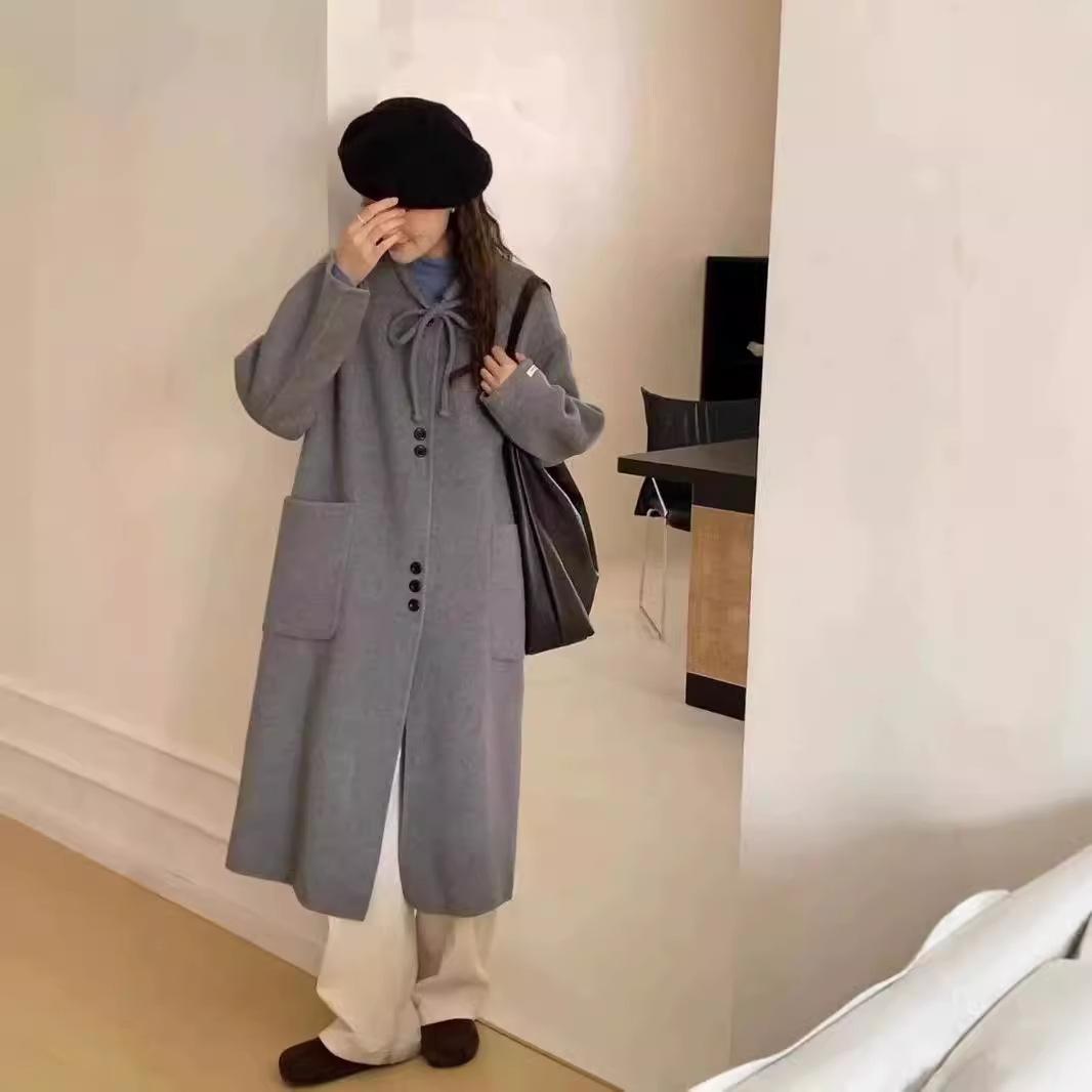 

Новое осенне-зимнее двухстороннее кашемировое пальто, корейский стиль, модное длинное шерстяное пальто с круглым вырезом и шнуровкой для женщин M