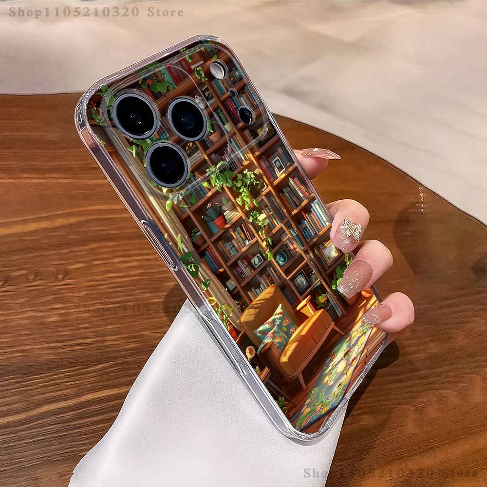 

Book Shelf Creative Pattern Phone Case For iPhone 16,15,17,12,13,14,11 Max,Pro,Plus,X,XS,XR,SE4,E Mini Transparent Cover iPhone16PRO