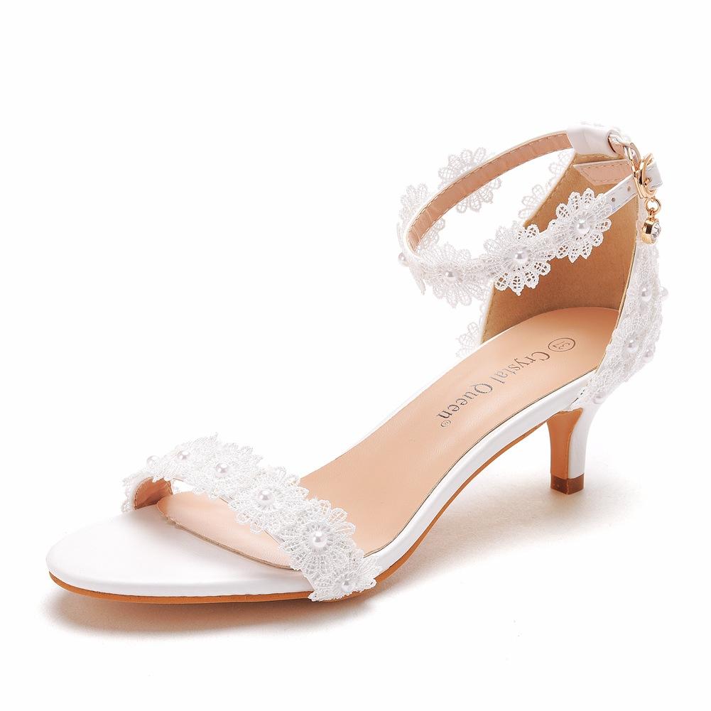 5 Cm Lace Flower Wedding Shoes Shallow Mouth Strap Sandals Thin Heel White Buckle Sandals Female Princess Sandals