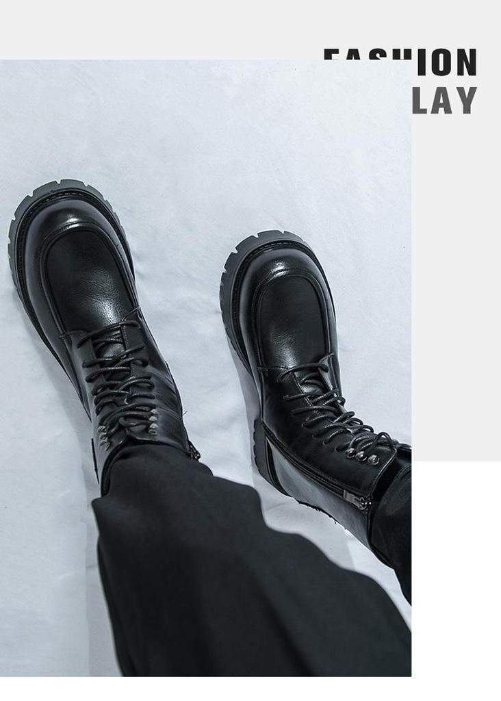 Men's British Style Leather High-Top Martin Boots - Autumn/Winter, Thick Sole, Height-Increasing, Long Lace-Up, Motorcycle Design.