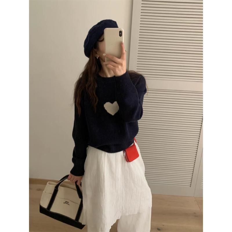 Autumn and Winter New Products Round Neck Shoulder Sleeves Knitted Sweater Women's Korean Cute Little Fresh Love Jacquard Top Women's