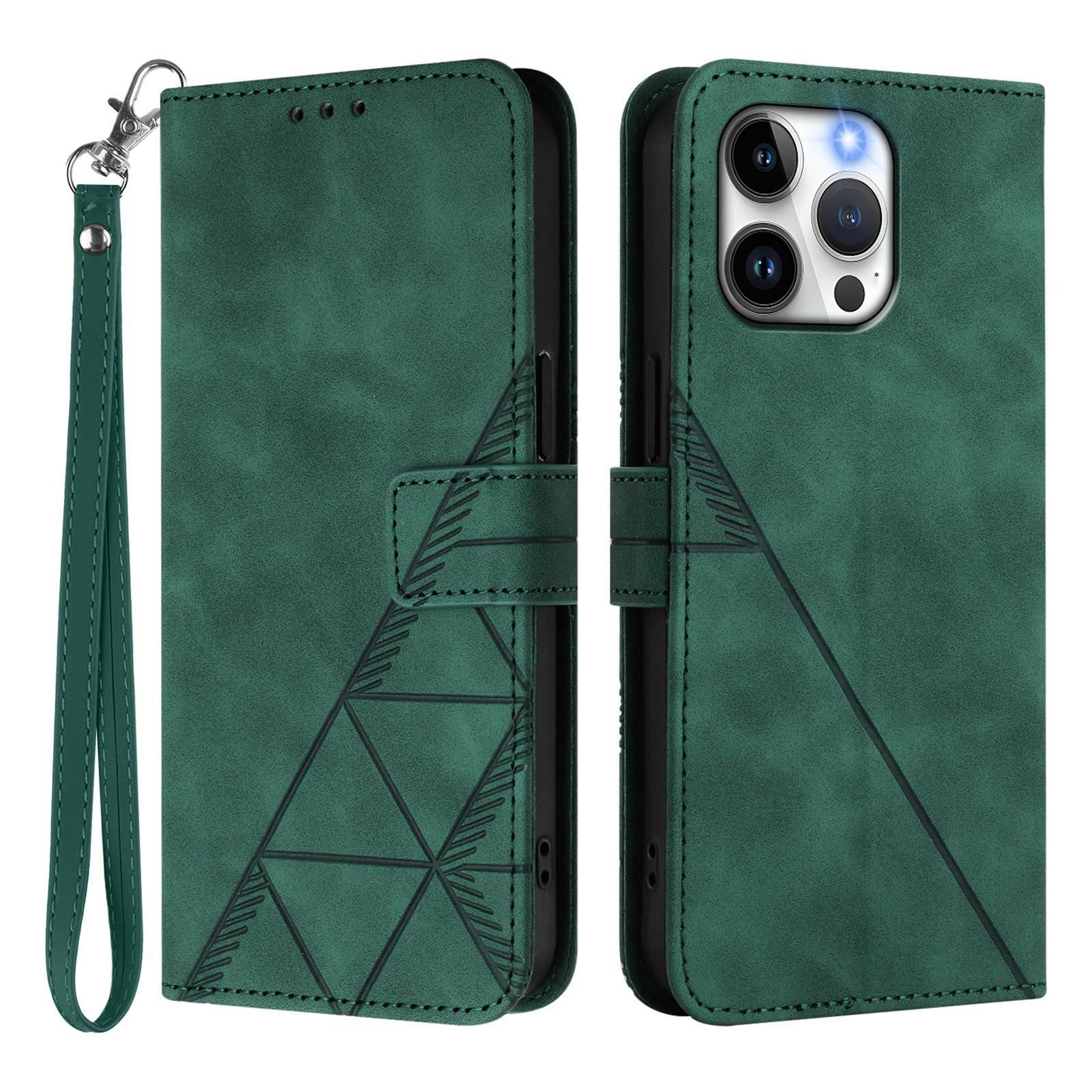 

For iPhone 15 Pro Max Leather Case with Hand Strap Wallet Stand Phone Cover Blackish Green