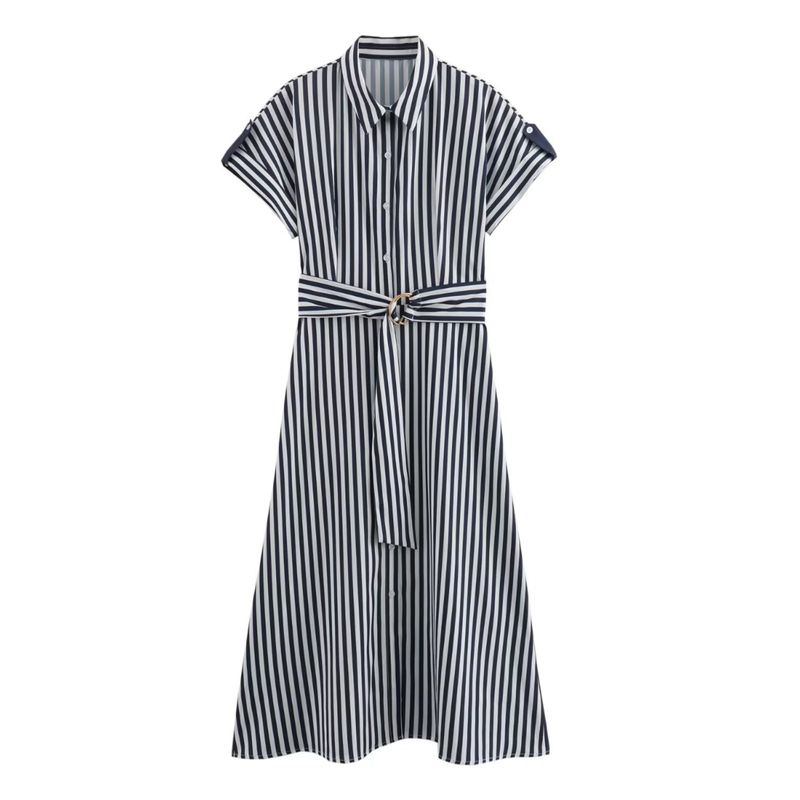 Kaslead New Arrival Women's Clothing Fashion Style Fashion Casual Minimalist Stripes with Belt Short Sleeve Dress