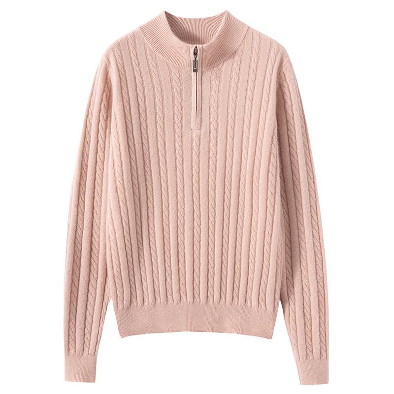 Women's 100% Cashmere Half-Zip Sweater - Casual Loose Fit, Autumn/Winter Knitwear with Stand Collar