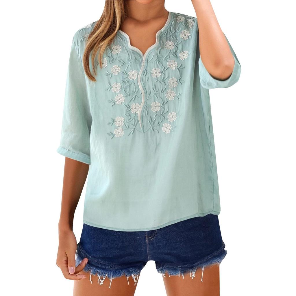Women's Fashion Cotton Linen Casual Retro Loose Seven Sleeve Pullover T-Shirt Top