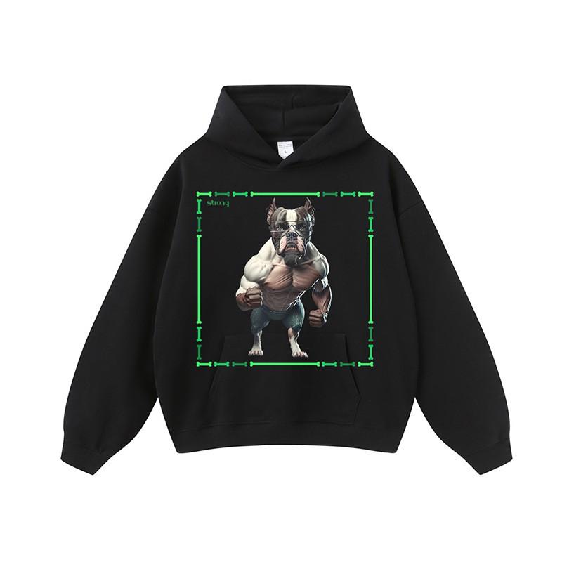 Mens Oversized Streetwear Hoodie With Dog Print Heavyweight Cotton Washed Vintage Style Loose Fit