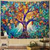 Stained Glass Tree of Life Tapestry Polyester Wall Hanging Colorful Plant Mosaic Art Room Decor for Living Room Bedroom Dorm