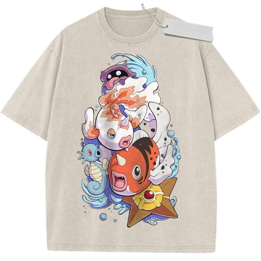 

Vintage Washed Anime TShirt Pokemon Print Magikarp Staryu Design Oversize Streetwear Casual Daily Wear M
