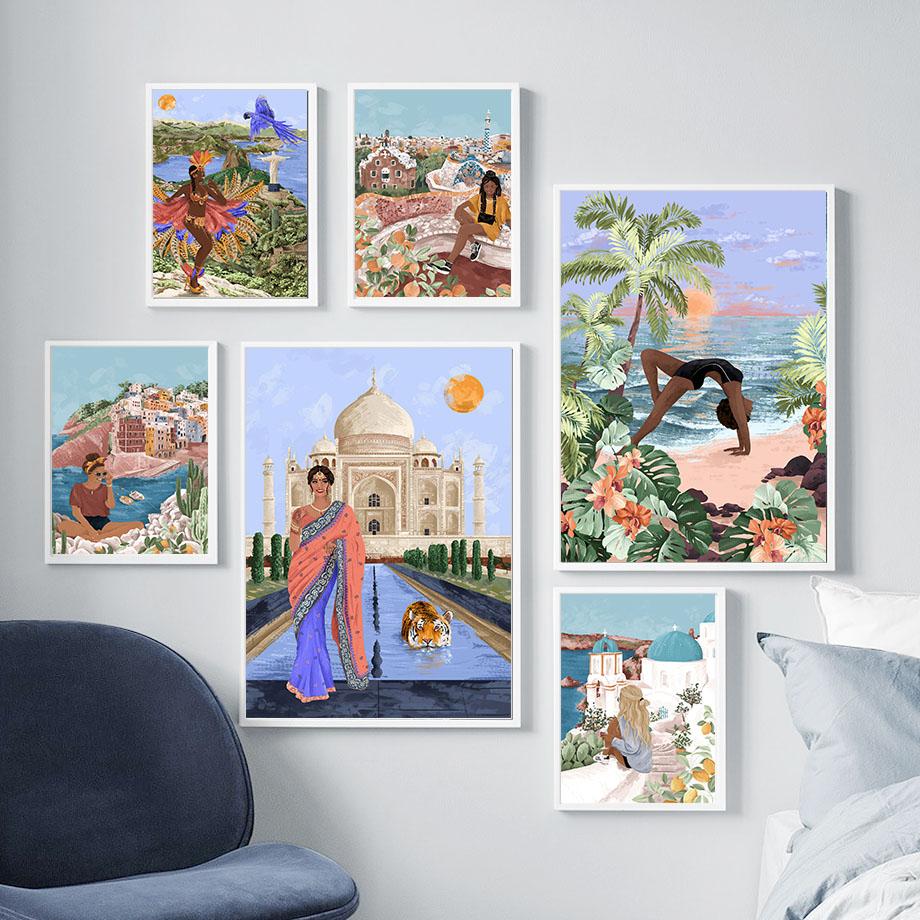 Santorini, Hawaii India Morocco Illustration Wall Art Canvas Painting Abstract Posters And Prints Picture For Living Room Decor