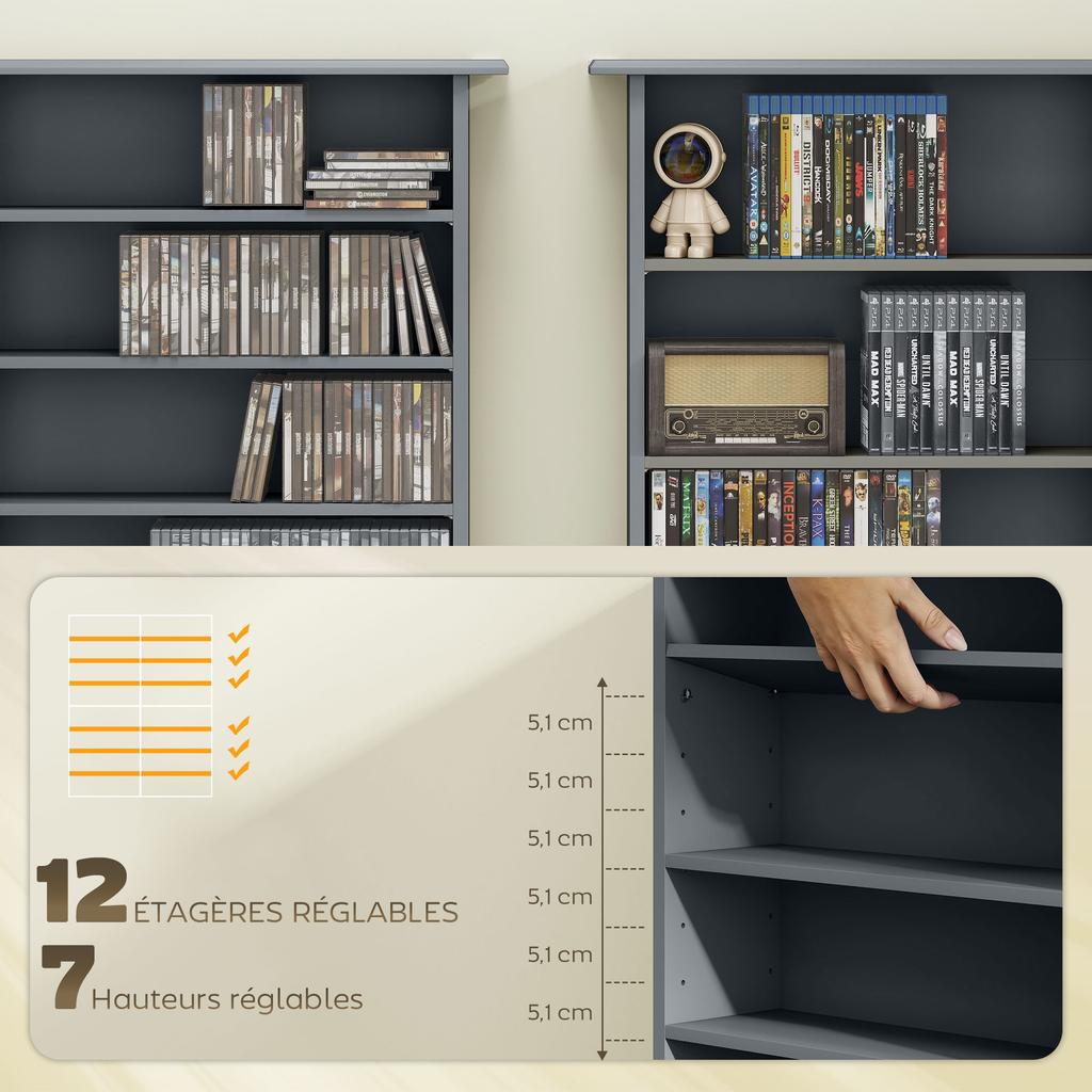 CD/DVD Storage Unit, 16 Compartments, 12 Shelves, 720 CDs, Grey