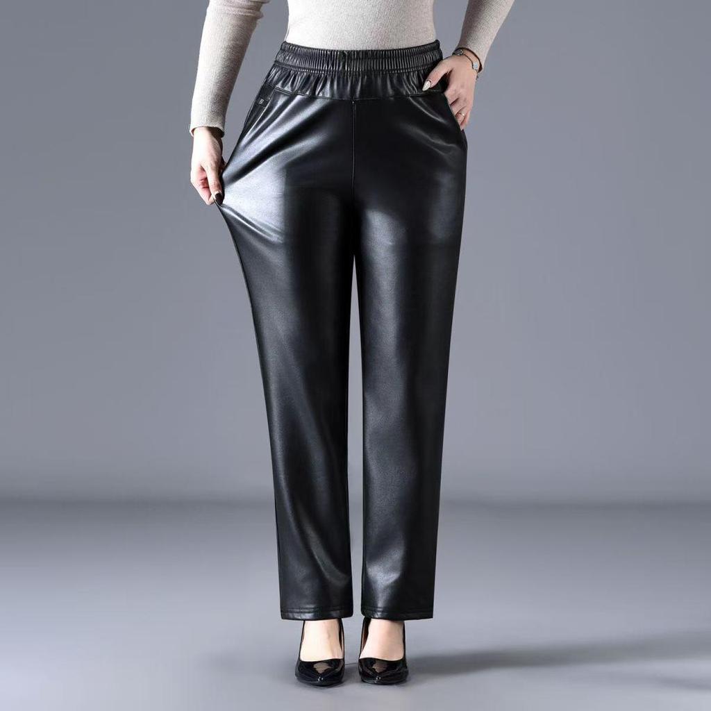 Women's High Waist Fleece-Lined Leather Pants: Plus Size, Loose Fit, Waterproof, Ideal for Spring, Autumn, and Winter