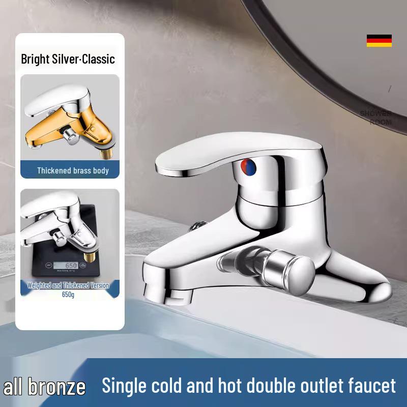 Dual-Use Copper Faucet with Dual Handles and Shower Head for Hot and Cold Basin