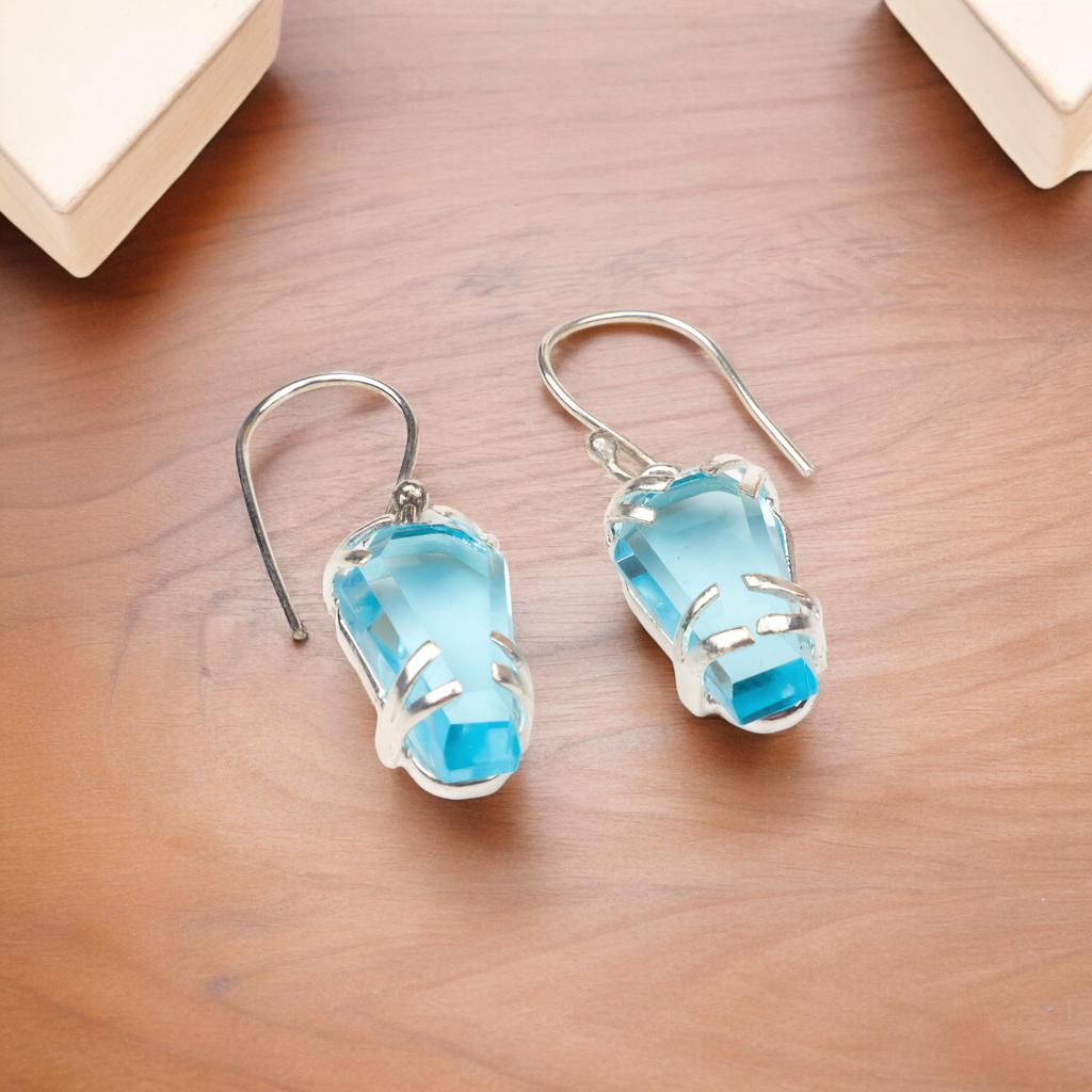 Himmelblauer Topas Edelstein 925 Sterling Silber Schmuck Handgefertigte Hakenohrringe 1,45" EE-129-3