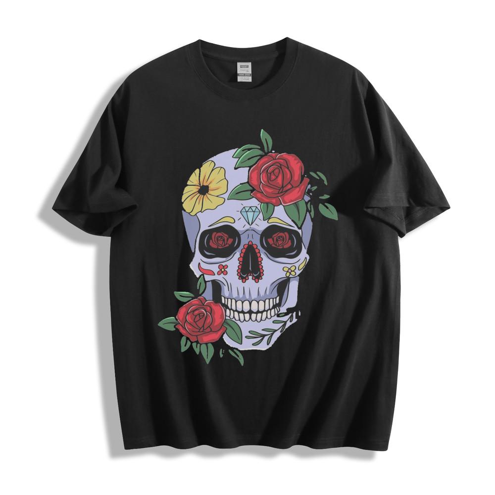 Vibrant Day of the Dead Skull Necklace - Floral Rose and Crystal Gem Design