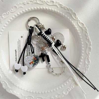 Cute Braided Rope Love Bow Bead Fluffy Ball Keychain Pendant Backpack Charm Phone Chain Bag Hanging Accessory Girl Keyring Gifts
