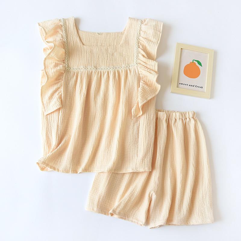 Summer New Women's Pajamas Short-sleeved Shorts Two-piece Set 100% Cotton Crepe Vest + Shorts Sweet Home Clothes Two-piece Set