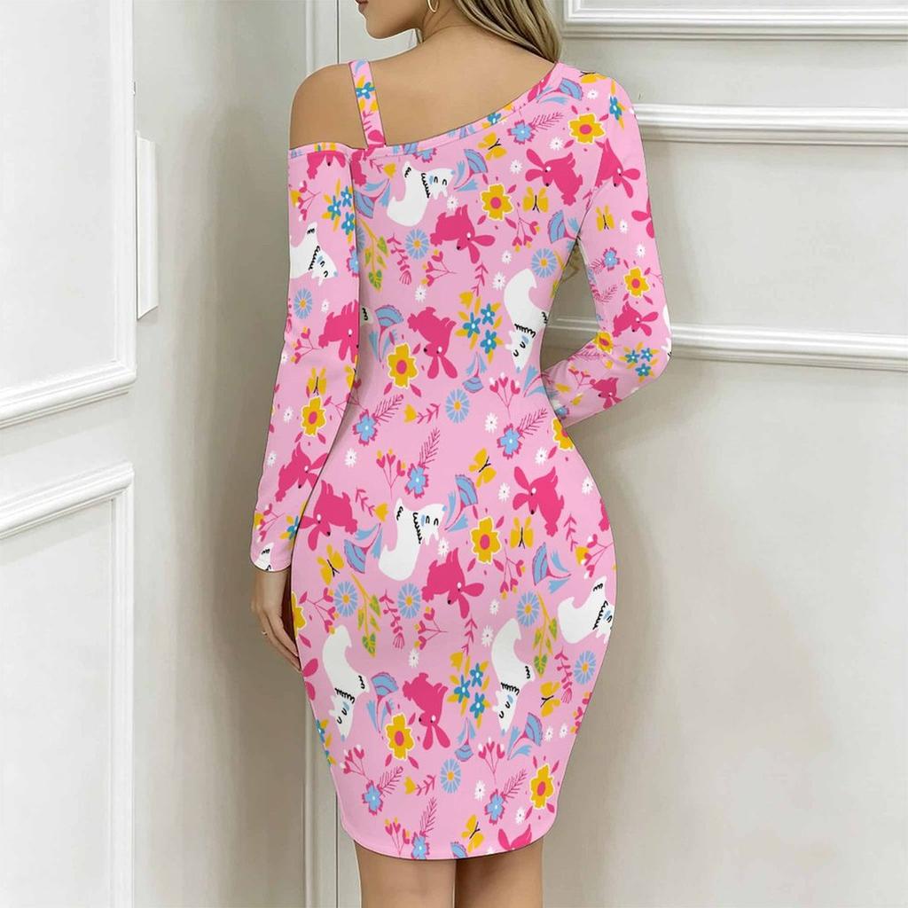 Women Plus Size Asymmetric Cold Shoulder White Green Tulip Floral Print Wrap Bodycon Midi Dress