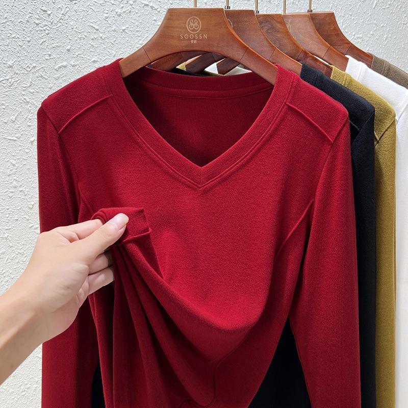Front shoulder women's spring and summer new fishbone line design top women's bottoming shirt long sleeve t-shirt