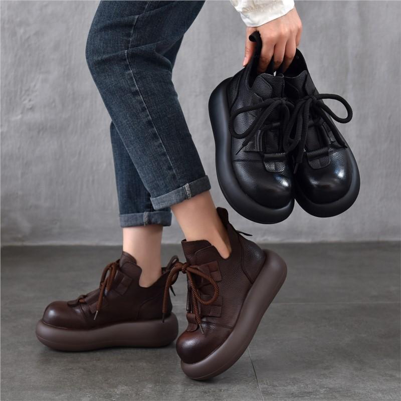 Johnature Retro Lace Up Platform Short Boots Genuine Leather Thick Soled Round Toe Women's Boots