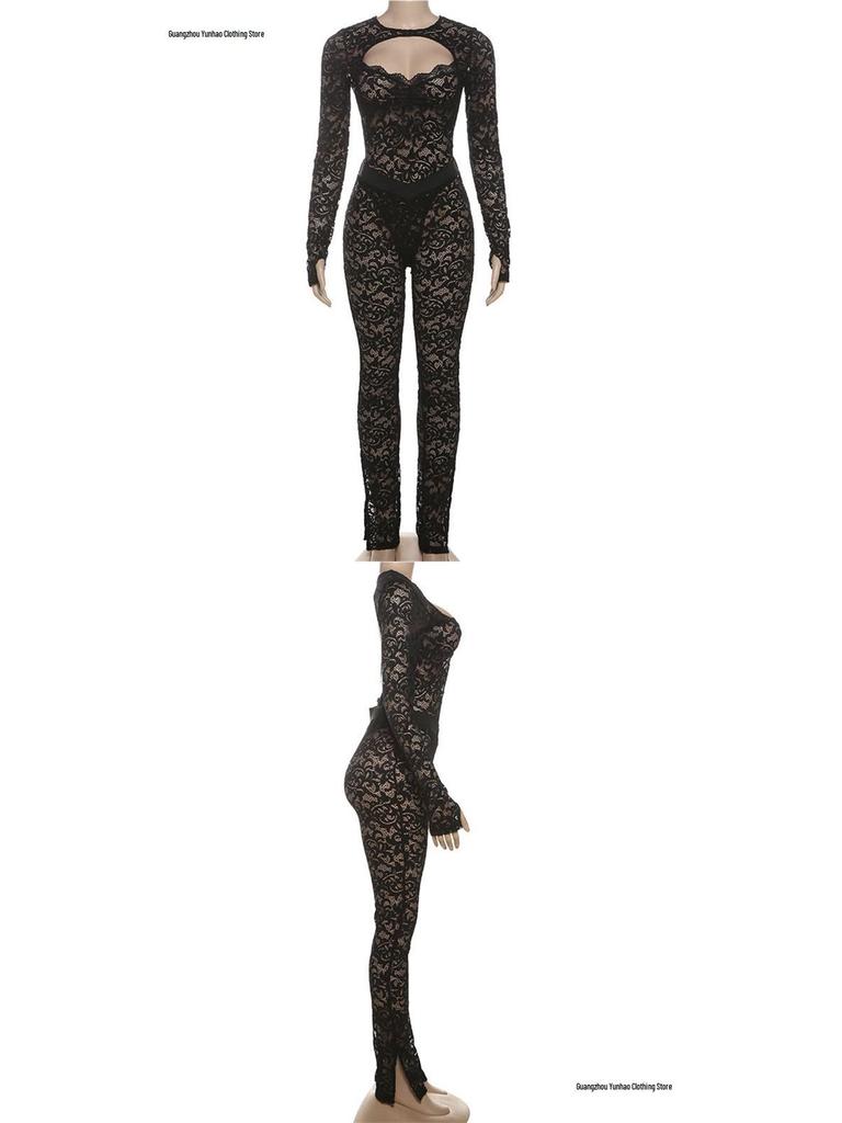 European & American Style 2026 Autumn Street Hot Girl Lace See-through Tight-fitting Pants Set