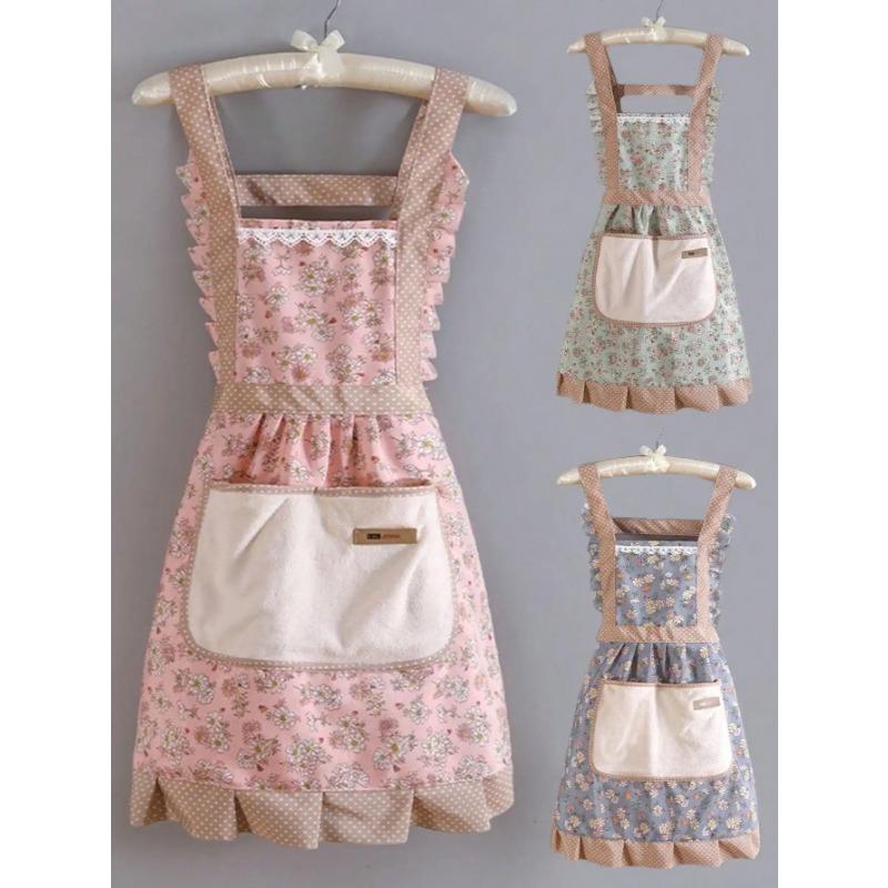 Canvas Household New Erasable Apron, Kitchen Shoulder Strap Anti Fouling Breathable Princess Skirt, Cooking Waist Work Clothes.