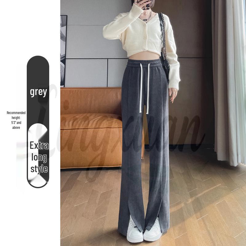 European High Waist Corduroy Bell Bottom Pants for Women - Slimming Drape with Split Detail, Wide Leg, Spring/Autumn Collection S