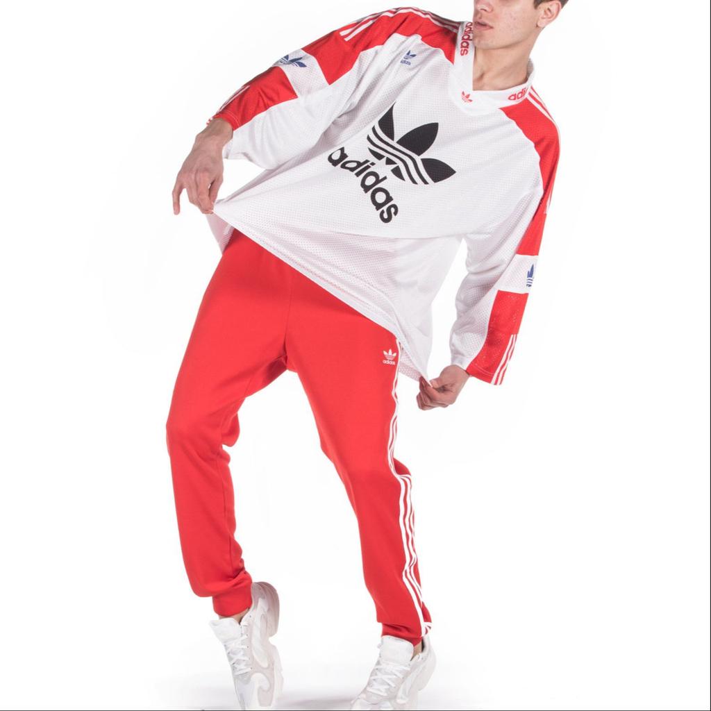 adidas Originals Blueliner Trefoil Mesh Three-Quarter Sleeve T-Shirt Men Tops White Red FM1586