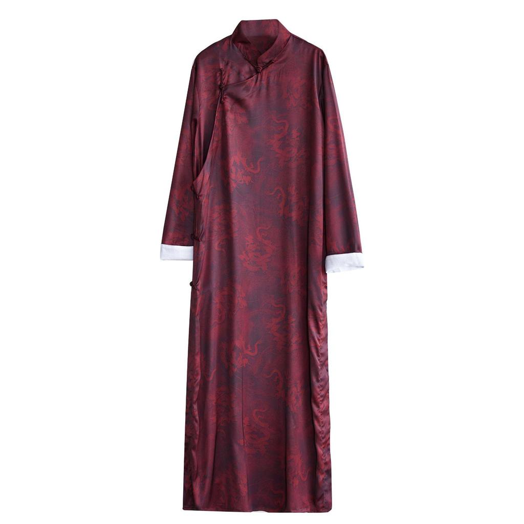 Chinese Silk Satin Dragon Print Long Shirt with Pan Kou Buttons - Purple Performance Robe