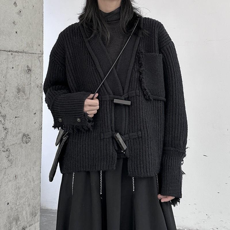 Johnature Autumn Winter Thickened Sweater Jacket For Women Sinple Casual Raw Edge V-neck Loose Cardigan Knit Jackets