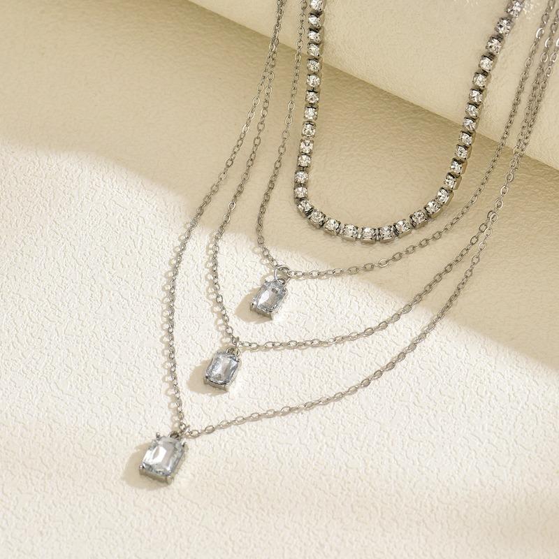 Square Rhinestone Pendant, Personalized Multi-layer Necklace, Light Luxury and High-end Sense, Full Diamond Chain Necklace, Necklace Jewelry for Women