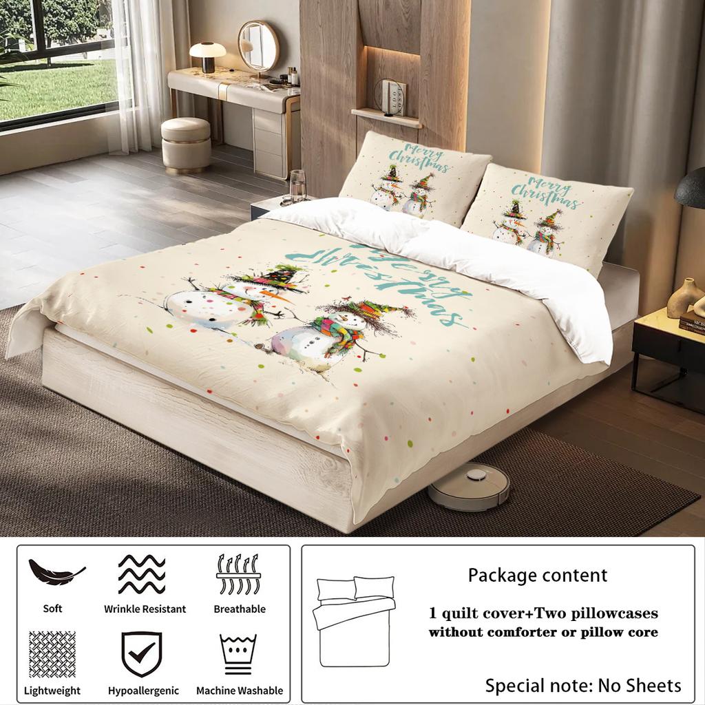 3pcs Merry Christmas Snowman Themed Bedding Set, 1*duvet Cover+2*pillowcase, for Teenagers and Adults Bedroom, Christmas Gift
