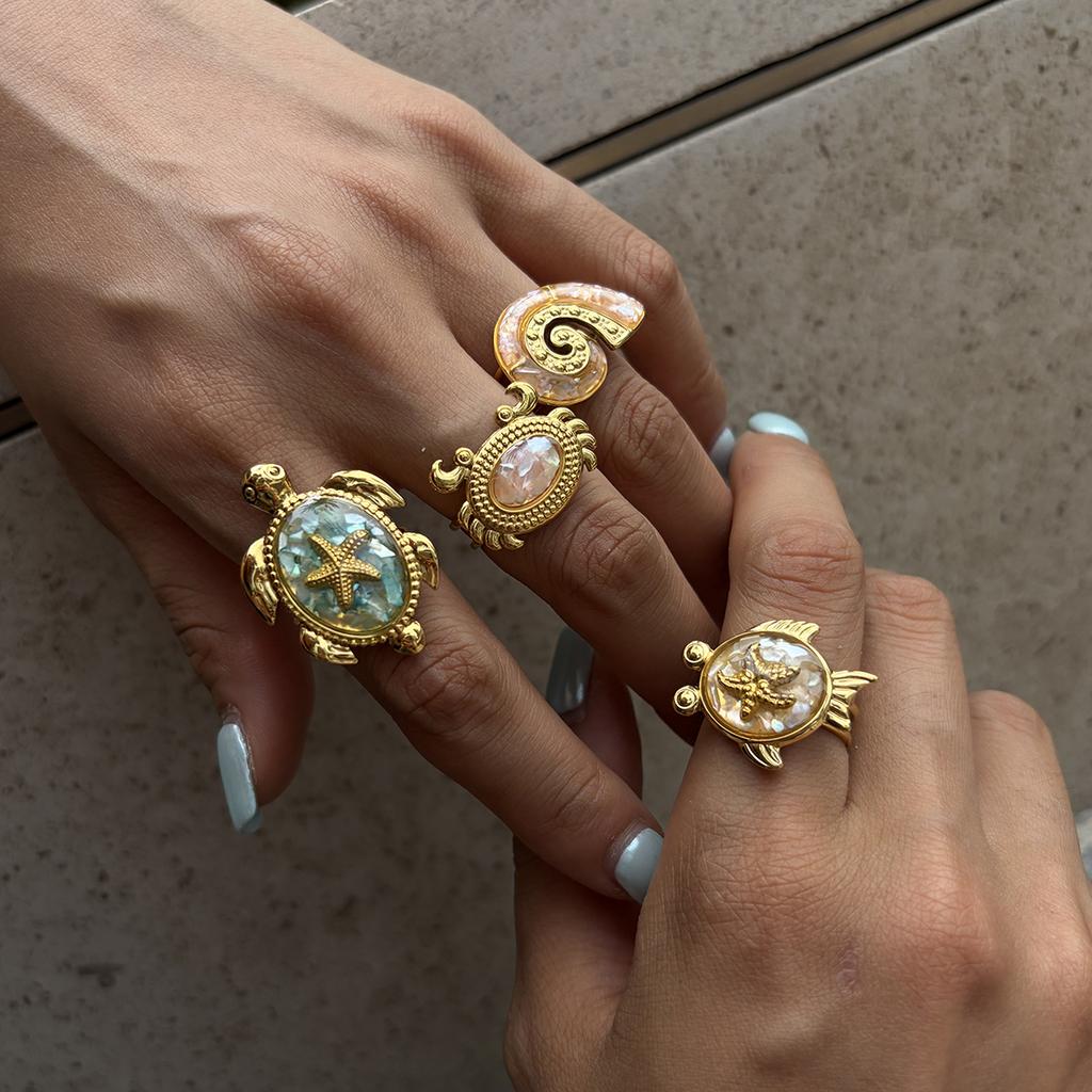 Youthway Fish Conch Turtle Crab Oil Drip Open Rings For Women 18K Gold PVD Plated Stainless Steel Rings Fashion Jewelry Gift