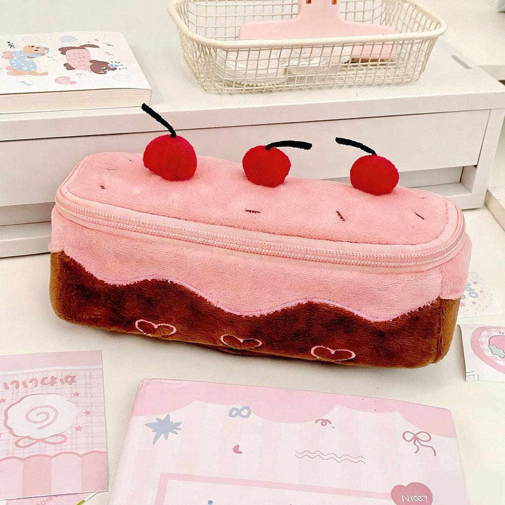 

Cartoon Cherry Cake Plush Pen Bag Large Capacity Portable Multifunctional Stationery Pencil Case Makeup Storage Bag for Students Gift коричневий