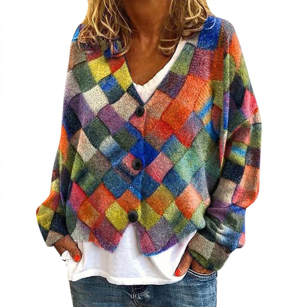 YNN-VK01 V-Neck Printed Cardigan Sweater with 3 Buttons - New Arrival