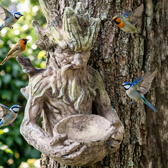 Tree Face Bird Feeder Funny Resin Hanging Bird Feeding Station Tree Mounted Forest Guardian Sculpture for Backyard Garden