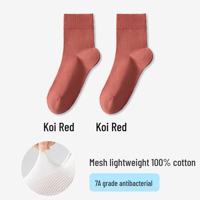 Women's Summer Cotton Mesh Mid-Calf Socks - Sweat-Absorbent, Odor-Resistant, Breathable, Non-Slip, Boneless, White.