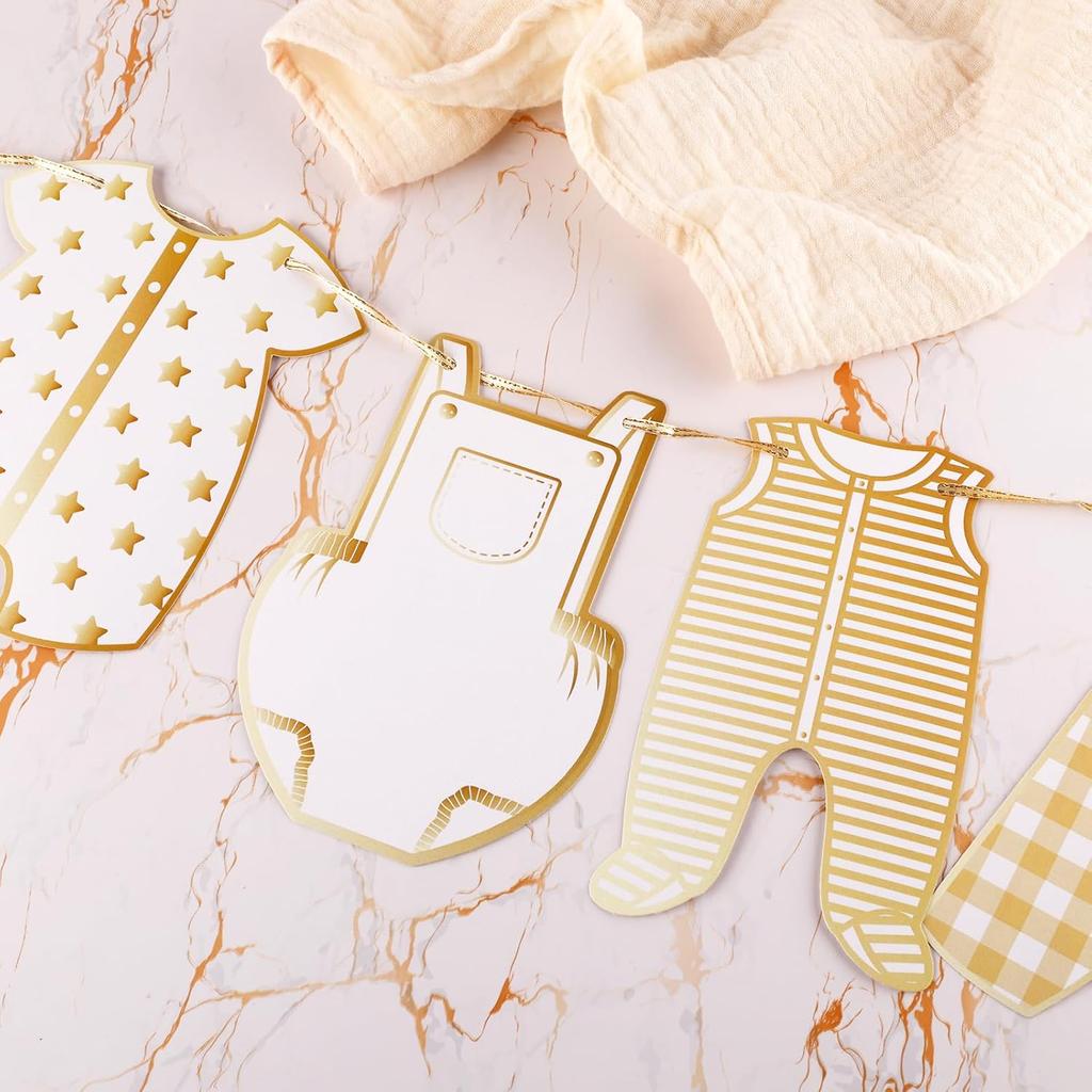 2pcs Neutral Gold Baby Shower Paper Garland, Pre-Assembled Baby Boy Banner Baby Girl Sign Gender Reveal Decorations Various Baby Clothes Banner for