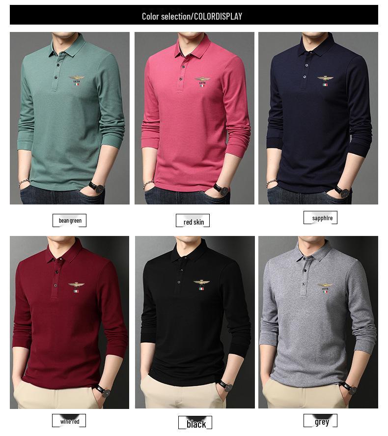 Woodpecker Men's Burgundy Lapel Long Sleeve Polo Shirt - Autumn/Spring Thin Style for Middle-aged Dads