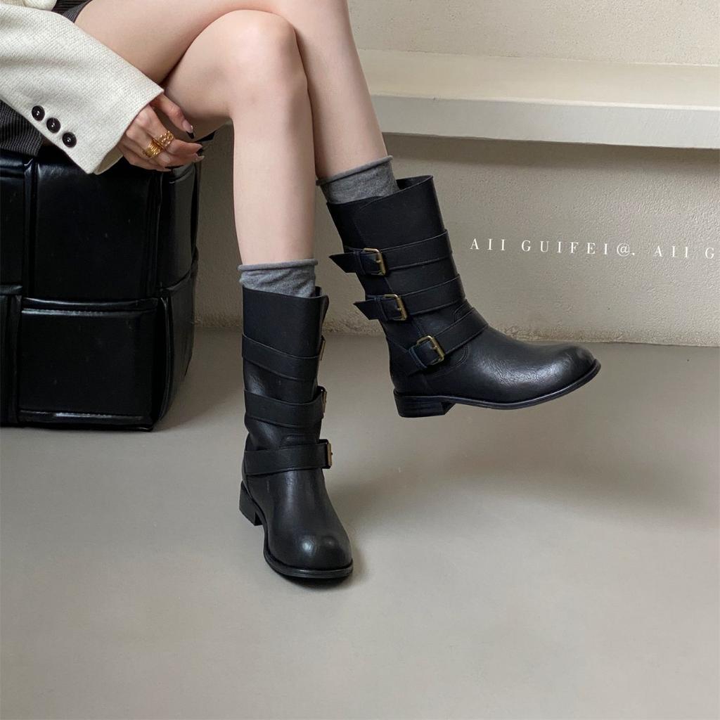 Coarse heel retro suede with skirt short boots Martin boots women's shoes 2025 spring and autumn single boots slim medium tube knight boots