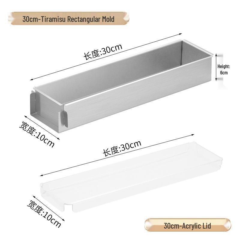 Tiramisu Set: Rectangle Stainless Steel Mold, Cake Base, Long Tray, and Spatula.