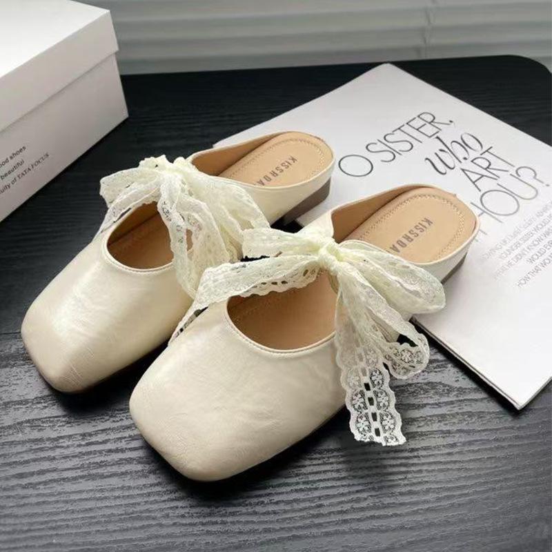 Lace bow half slippers women's spring and summer new outer wear silver thick heel soft leather shoes bag head slippers