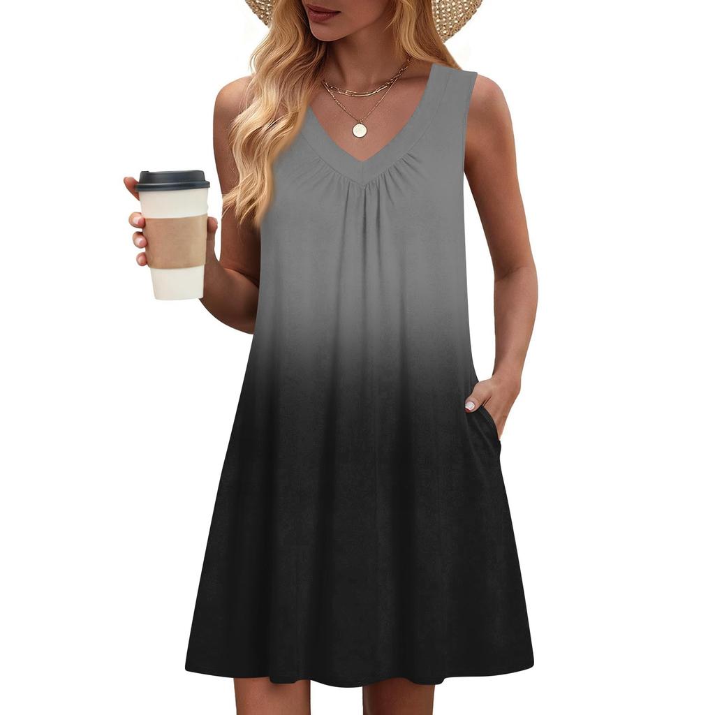 Dámské módní letní tílko bez rukávů s V-výstřihem, s kapsou, ležérní volné šaty