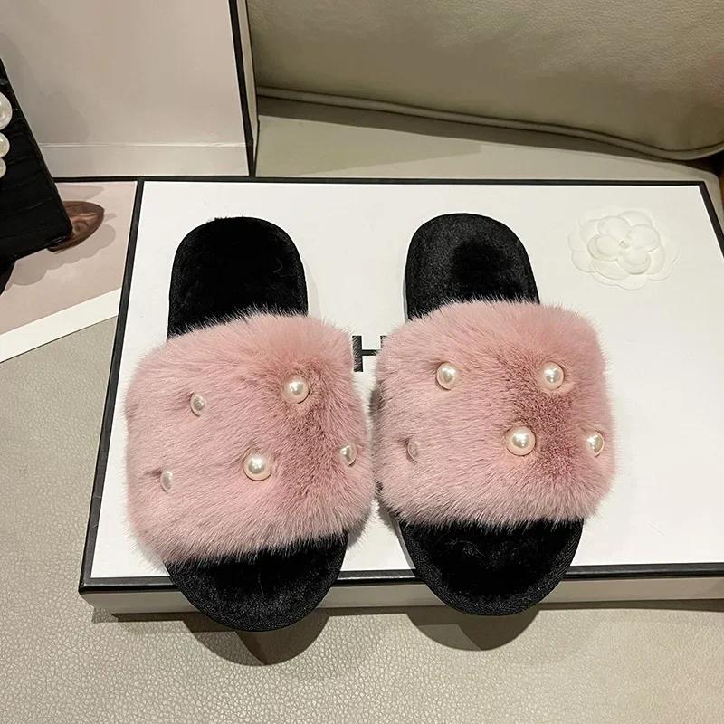 

Fashion Fluffy Slippers Home Winter Casual Perle Designer Shoes Women 2024 Indoor Platform Plush Slides Girls Fashion Elegant Large Size 36-37 розовый