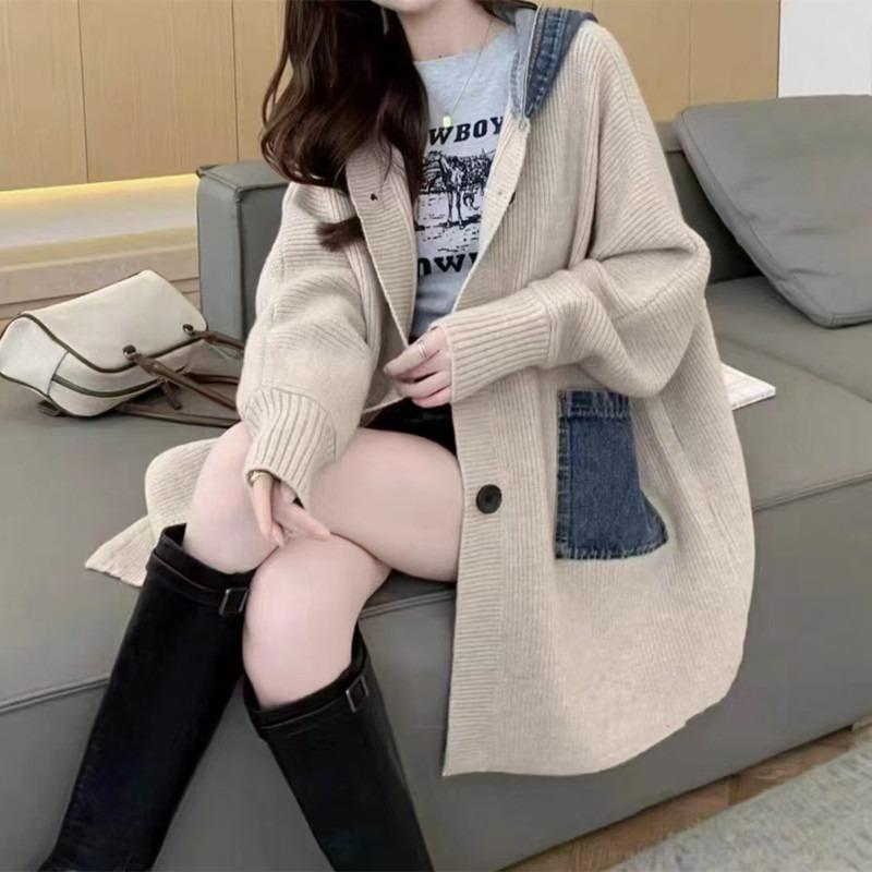 Women S Loose Hooded Long Casual Knit Cardigan Spliced Sweater