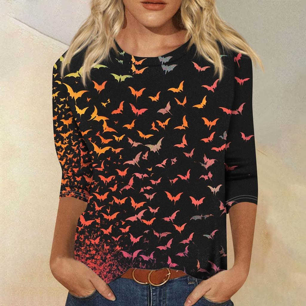 Women's Fashion Casual Round Neck 3/4 Sleeve Loose Printed T-Shirt Ladies Top