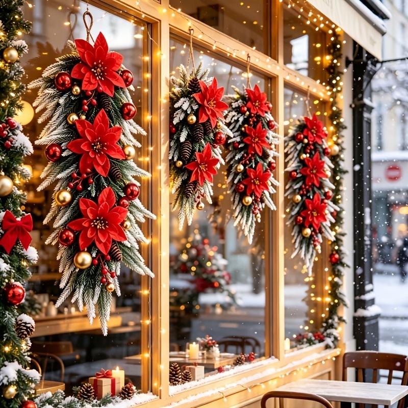 Vánoční umělá slza závěsná věnec s poinsettiovými koulemi na vchodové dveře stěnu Vánoční svátek párty domácí dekorace