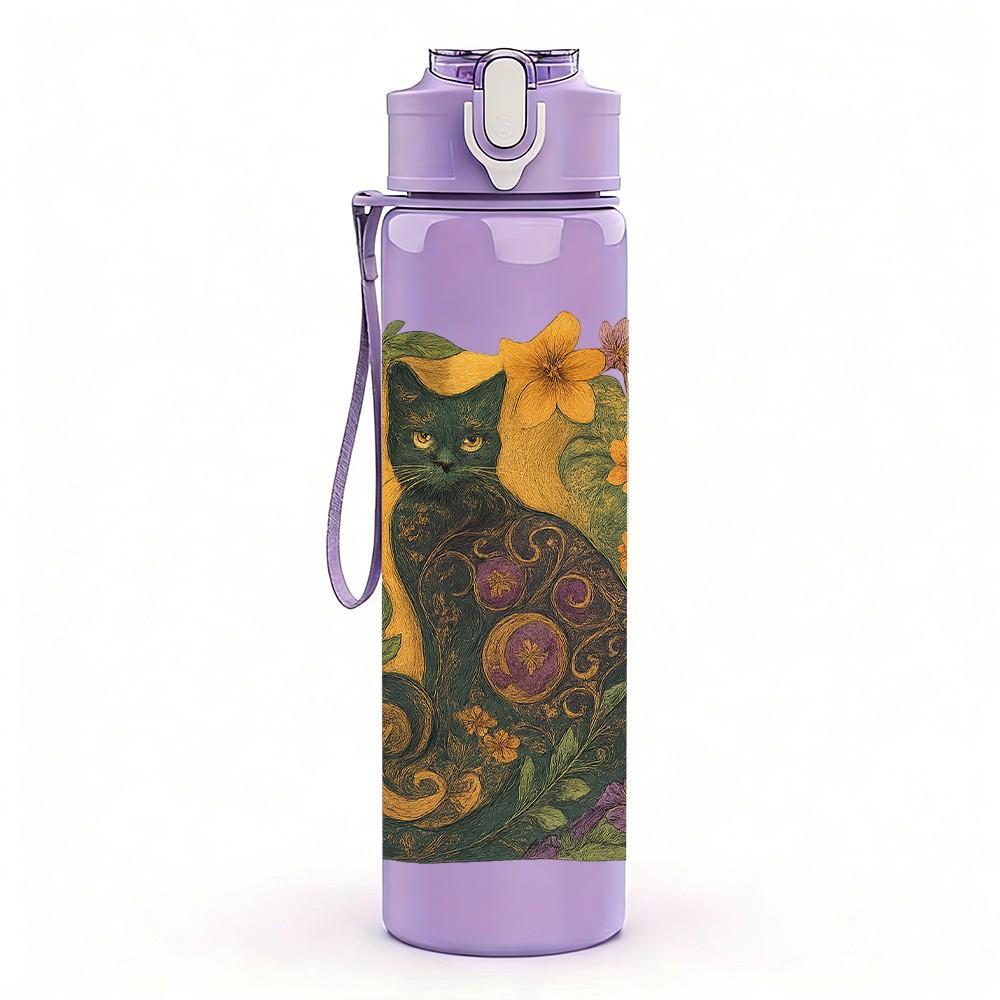 1PC Black Cat Wild Floral Frame 750ml Color Plastic Sports Water Bottle Leakproof Flip Straw Lid Suitable for Sports Office Home Use