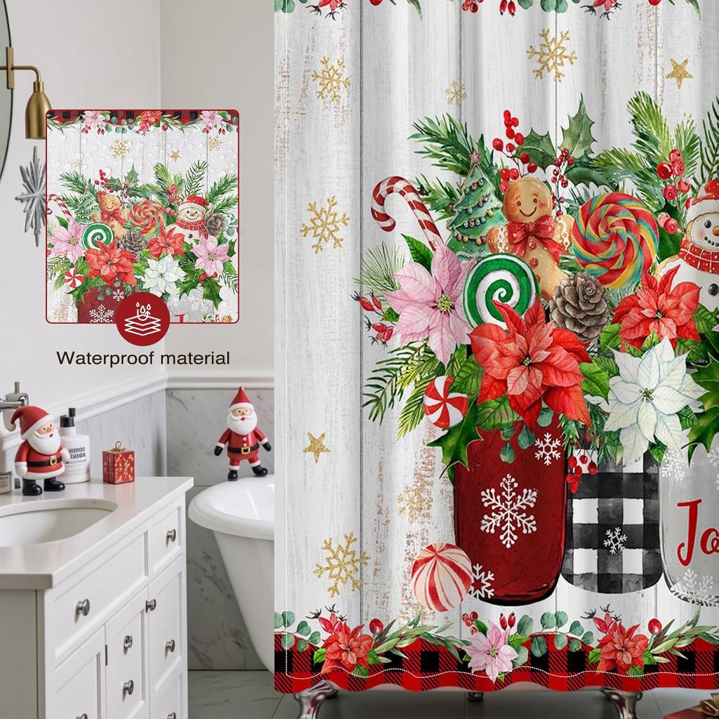 Christmas Shower Curtain Cute Snowman Xmas Red Checkered Floral Shower Curtain With 12 Hooks Xmas Gingerbread-Man Pine Branch